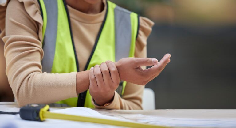 Industry, closeup and female construction worker with wrist pain, injury or accident in her office.